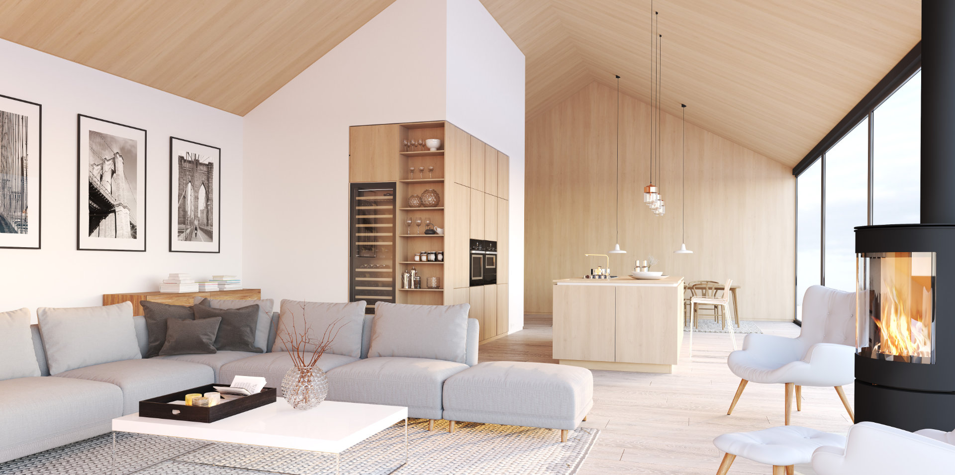 Rendu 3D d'un grand intérieur ouvert dans une maison ou un chalet, principalement en bois clair, avec une grande baie vitrée et une cheminée