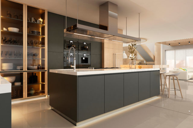 Intérieur d'une cuisine moderne avec îlot central dans des couleurs sombres - Architecture d'intérieur à Annecy et en Haute-Savoie (ArchiBienPensé)