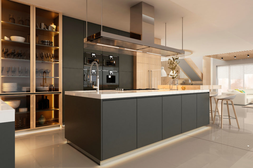 Intérieur d'une cuisine moderne avec îlot central dans des couleurs sombres - Architecture d'intérieur à Annecy et en Haute-Savoie (ArchiBienPensé)